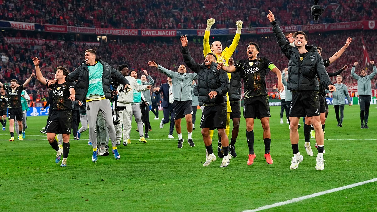 PSG players celebrate after the Champions League semifinal second leg soccer match between Bayern Munich and Paris Saint Germain in Munich, Germany. - AP Photo