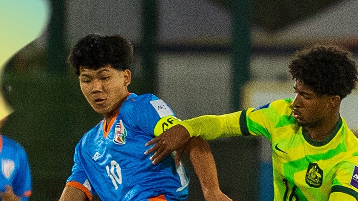 India and Australia footballers in action during India vs Australia U-17 Asian Cup 2026 at Jeddah.  - IndianFootball/X