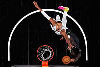 | Photo: AP/Eric Gay : San Antonio Spurs forward Julian Champagnie, right, is blocked by San Antonio Spurs forward Victor Wembanyama, left, as he drives to the basket during the second half in Game 2 of a second-round NBA playoffs basketball series in San Antonio.