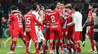 | Photo: AP/Fernando Llano : Players of Mexico's Toluca celebrate after beating the United States' Los Angeles FC during a CONCACAF Champions Cup second leg semifinal soccer match in Toluca, Mexico, Wednesday, May 6, 2026.