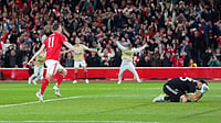 UEFA Europa League Semi-Final 2nd Leg Preview: Nottingham Forest Hold Edge Against Aston Villa, Braga Chase Final Spot | Photo: AP/David Davies : Nottingham Forest's Chris Wood, left, celebrates after scoring the opening goal from a penalty during the Europa League semifinal first leg soccer match between Nottingham Forest and Aston Villa in Nottingham, England, Thursday, April 30, 2026. (