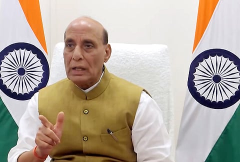 Defence Minister Rajnath Singh delivers a video message on the anniversary of 'Operation Sindoor', in New Delhi. 