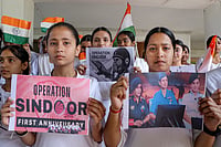 PTI Photo : Operation Sindoor anniversary in Jammu: Students hold placards during a programme marking the first anniversary of 'Operation Sindoor', in Jammu, Thursday, May 7, 2026.