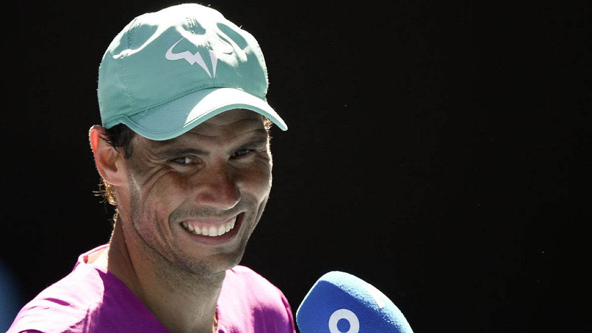 Rafael Nadal is interviewed on court after defeating Yannick Hanfmann.