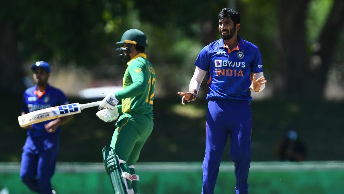 India's Jasprit Bumrah reacts during the first ODI against South Africa on Wednesday.