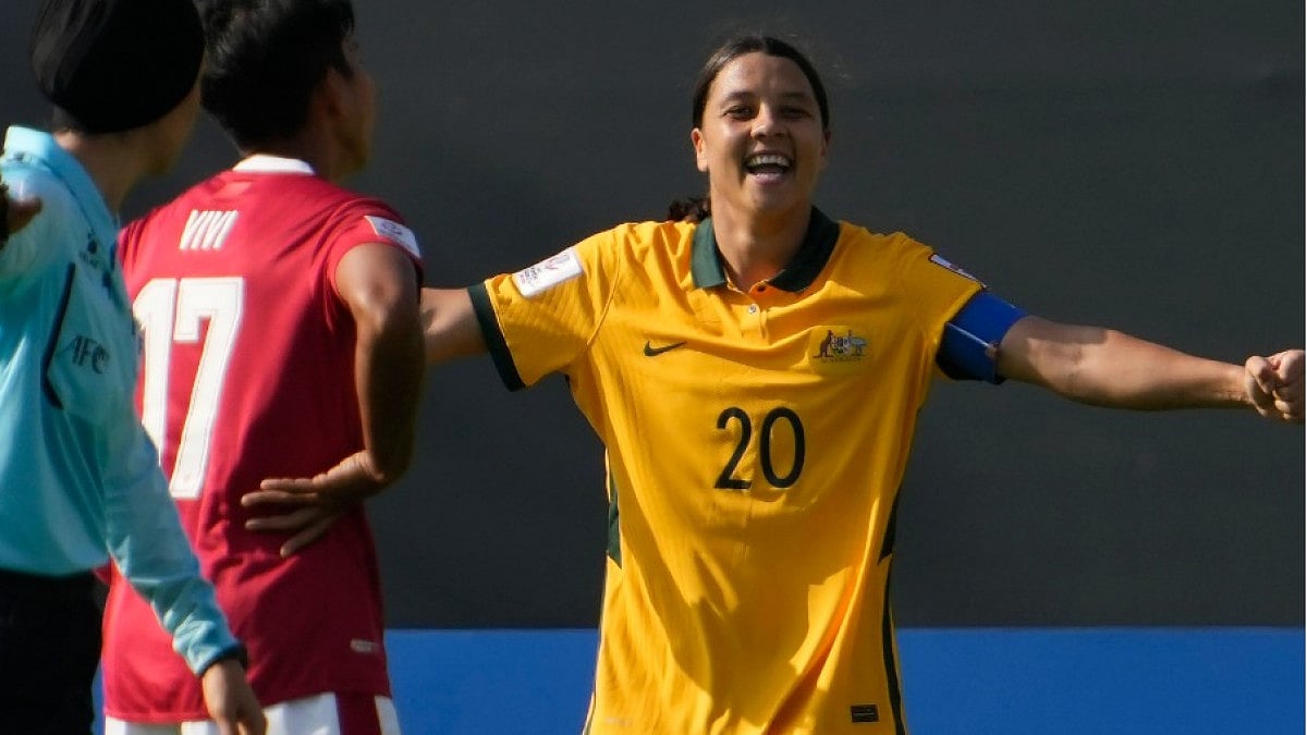 Australia's Sam Kerr celebrates after scoring against Indonesia in AFC Women's Asian Cup 2022.