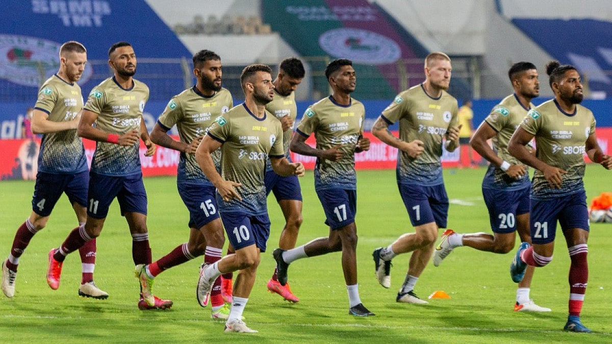 ATK Mohun Bagan players warm-up during their training session ahead of the Odisha FC clash.