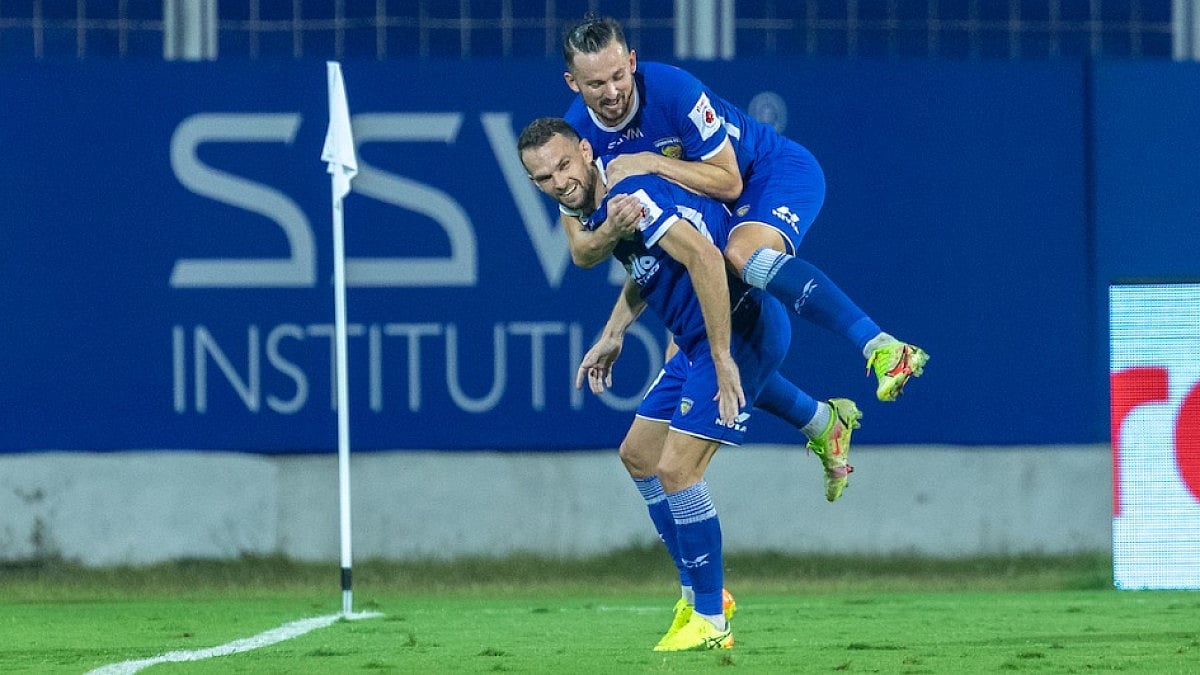 Chennaiyin FC's Vladimir Koman celebrates after scoring against NorthEast United FC in ISL 2021-22.