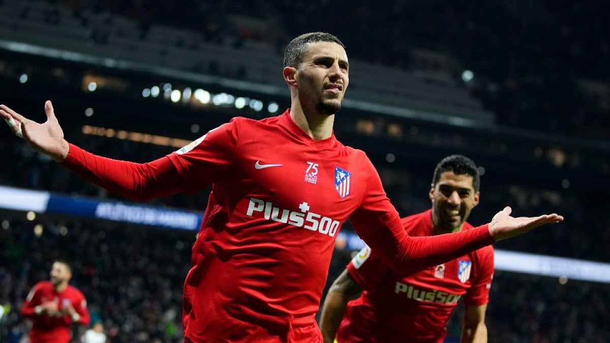 Atletico Madrid's Mario Hermoso celebrates after scoring against Valencia in La Liga 2021-22.