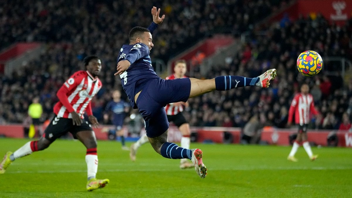 Manchester City's Gabriel Jesus attempts a shot at goal against Southampton in Premier League.