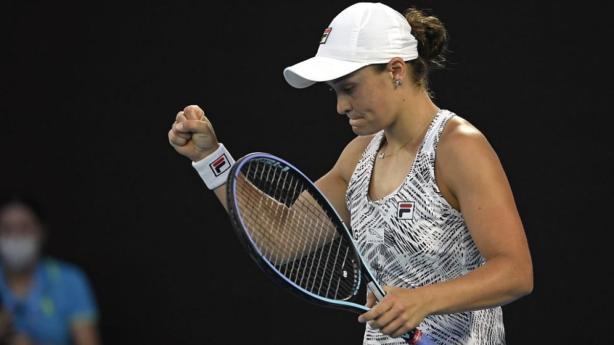 Ashleigh Barty celebrates after defeating Jessica Pegula in quarterfinal of Australian Open 2022.