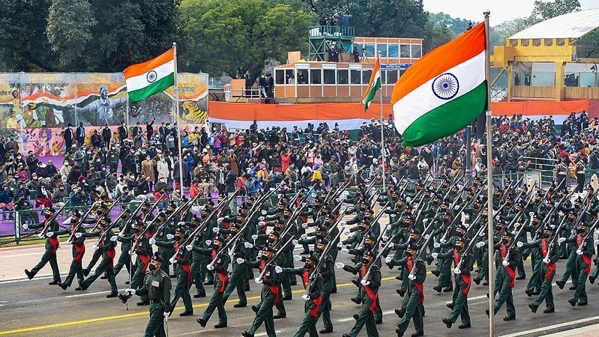 Indian Army's march ahead of the Republic Day parade 2022, at Rajpath in New Delhi.