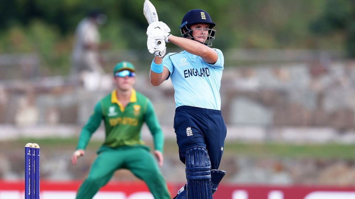 England's Jacob Bethell plays a shot against South Africa in ICC U-19 Men's World Cup 2022.