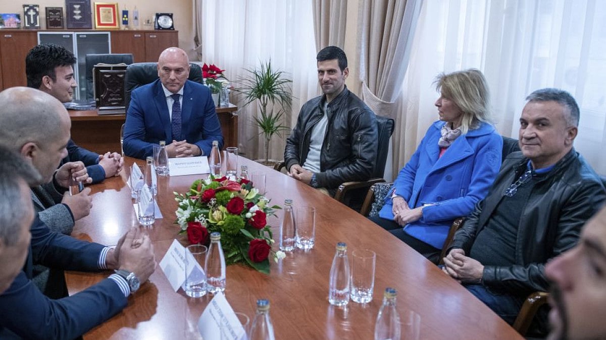 Novak Djokovic attends a meeting with local officials in Budva, Montenegro.