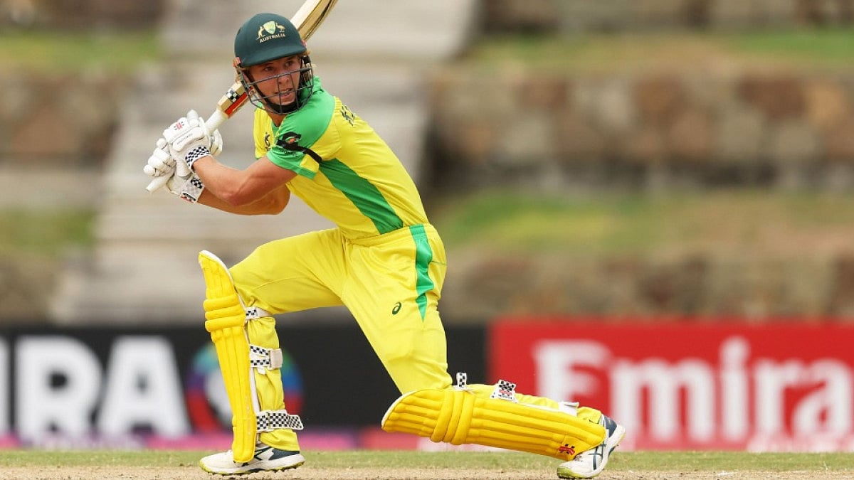 Australia's Campbell Kellaway plays a shot against Pakistan in the ICC U-19 Men's World Cup 2022. 
