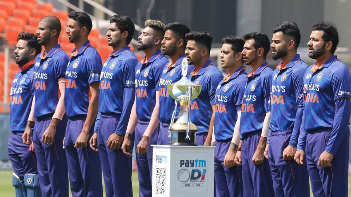Indian cricketers before the start of the first ODI against West India in Ahmedabad.