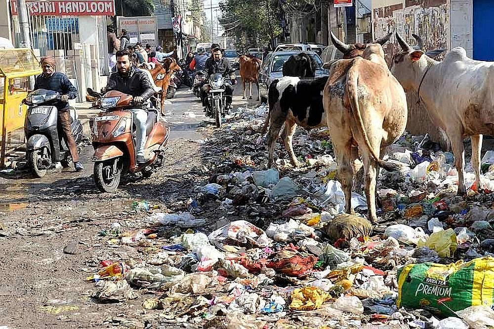 Garbage being dumped on streets in East Delhi as sanitation workers continue strike over non-payment of salaries, in East Delhi.
