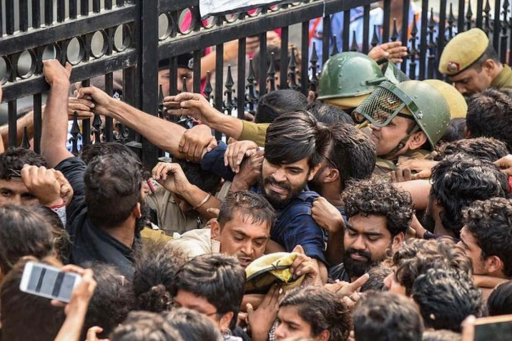 JNU Students Hold Protest Outside University Campus Over Draft Hostel Manual