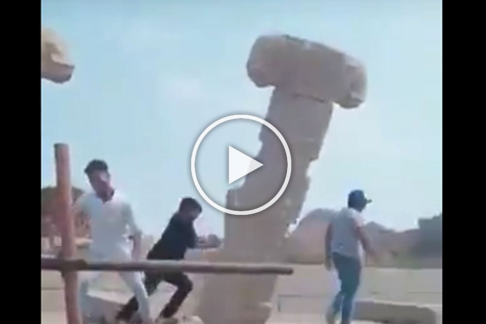 Watch: Men Damage Carved Stone Pillar At UNESCO Heritage Site In Hampi