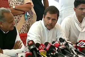 Congress president Rahul Gandhi with Rajasthan Chief Minister Ashok Gehlot and Deputy CM Sachin Pilot.