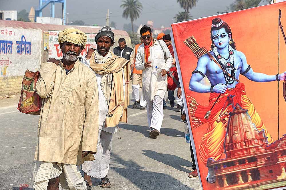 In this file photo, people arrive for a rally at Bada Bhaktmal ki Bagiya to attend `Dharam Sabha’, being organised by the Vishwa Hindu Parishad in Ayodhya. (Representational image)