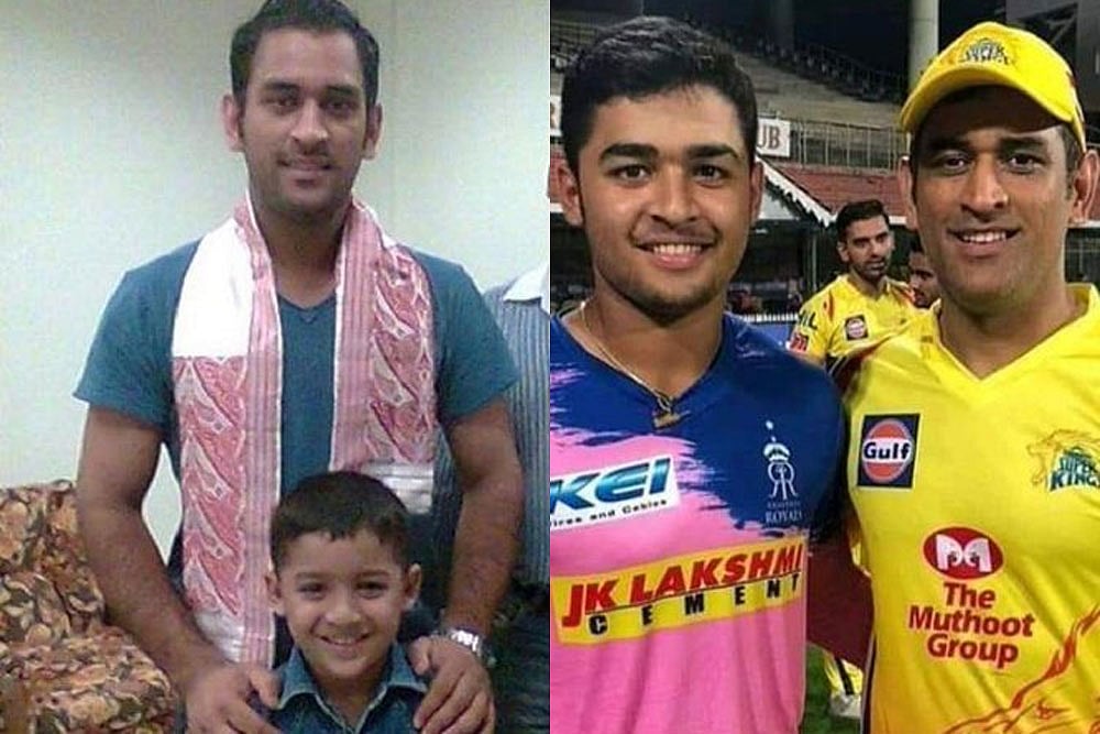 MS Dhoni with Riyan Parag - null