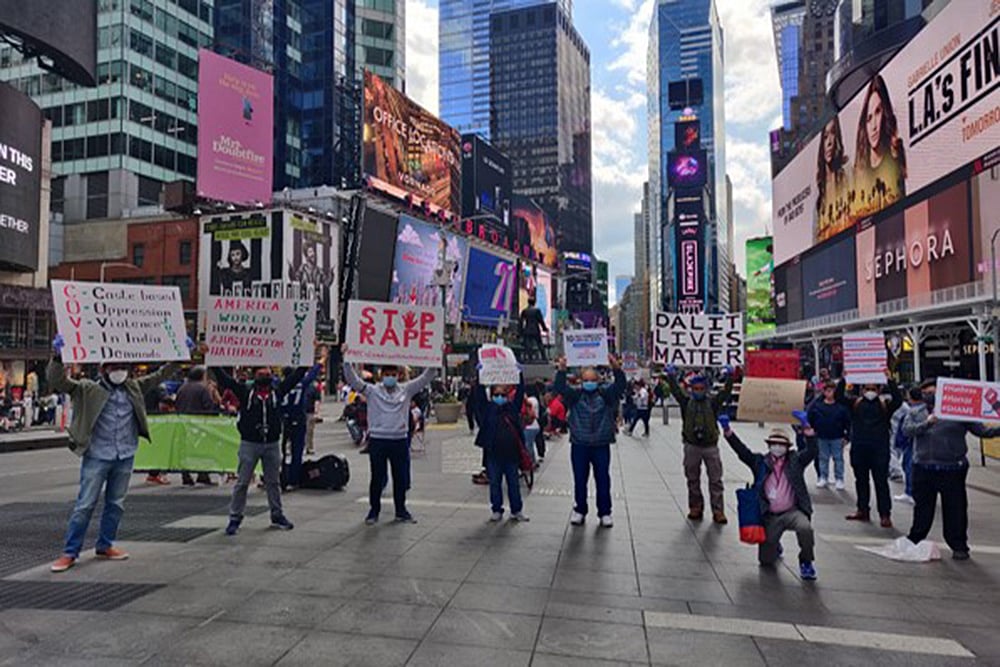 Protests Staged At Times Square Demanding Justice For Hathras Gang-Rape Victim