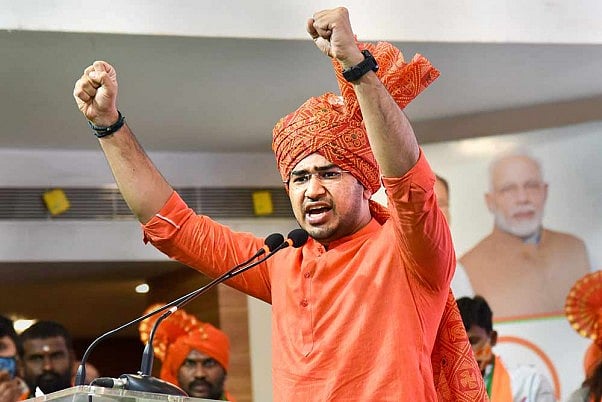 Bharatiya Janata Yuva Morcha (BJYM) National President Tejasvi Surya addresses during Change Hyderabad campaign and App launch as part of GHMC election campaign in Hyderabad.