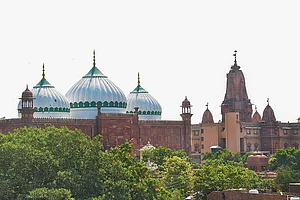 A view of Sri Krishna Janmabhoomi temple and Shahi Idgah mosque, in Mathura.