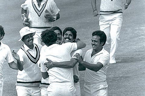June 25, 1983 Indian team celebrating their victory.