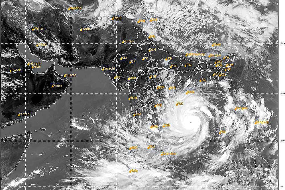 In this satellite image taken from India Meteorological Department (IMD) at 16:20 IST shows Cyclone Amphan along the costal areas of Bay of Bengal. As per IMD, Amphan intensified into extremely severe cyclonic storm and is likely to become super cyclone.
