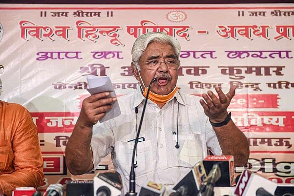 VHP National Working President Aalok Kumar addresses a press conference, in Lucknow.