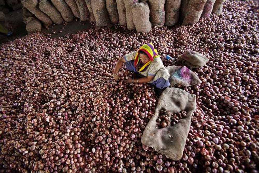 A worker sorts onions in a wholesale market. 