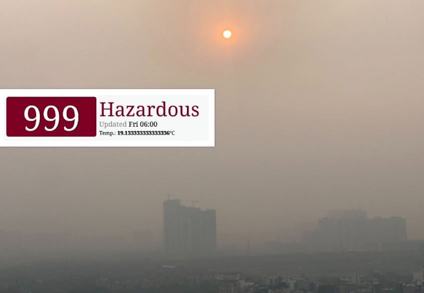 Pm2.5 pollutants touched the AQI of 999 (the hazardous upper limit) at multiple monitoring stations in Delhi.