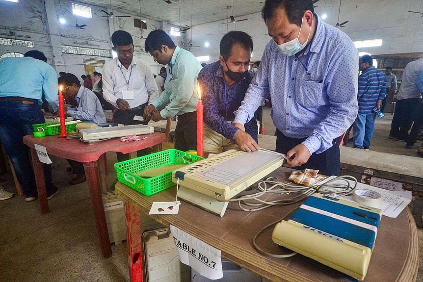 People setting up polling booths at Agartala.