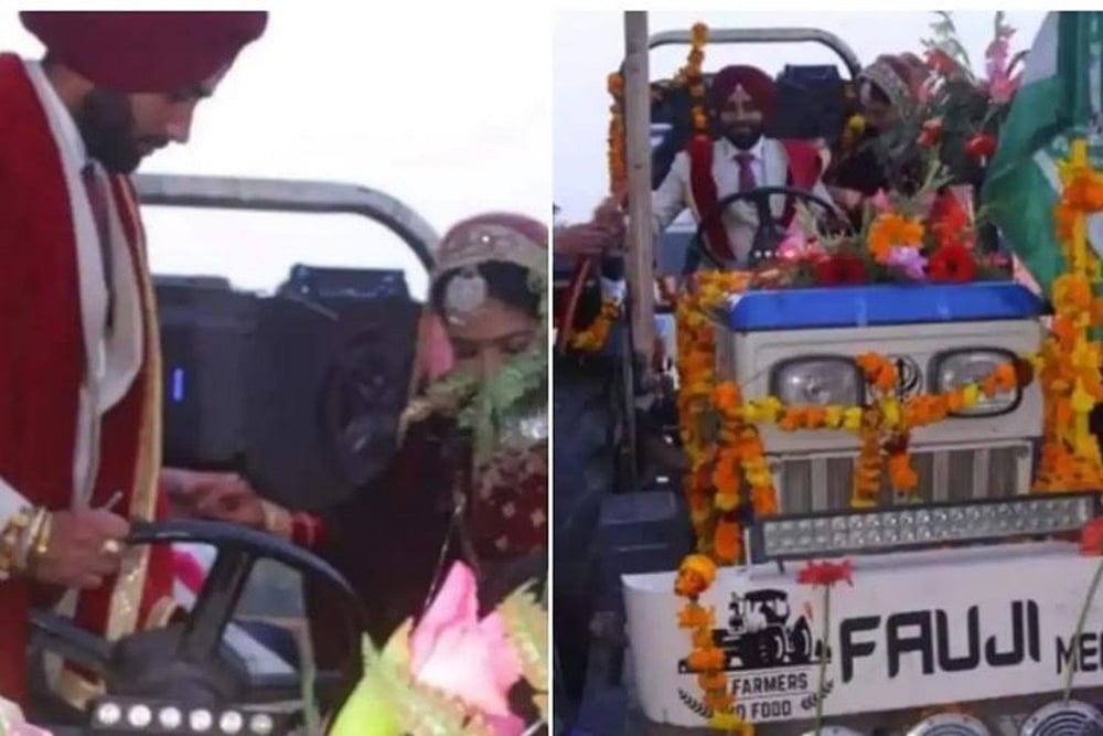 Newlywed Couple Ditch Car, Return Home From Wedding Venue On Tractor To Support Farmers
