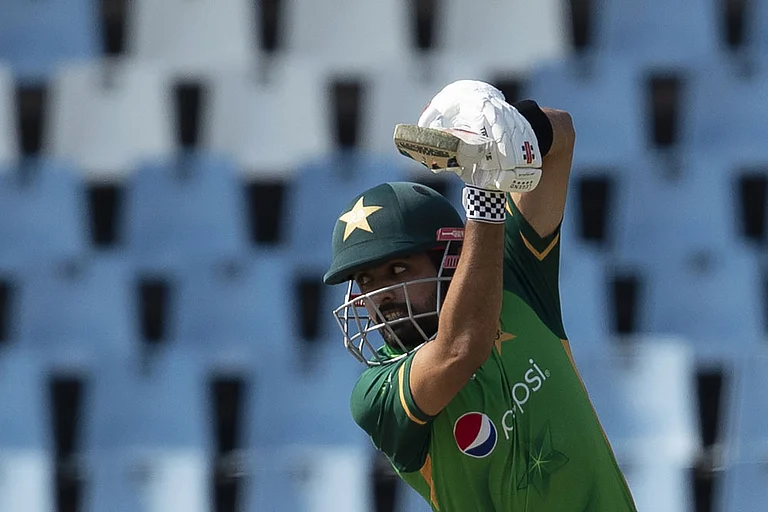 Babar Azam plays a cover drive - File Photo