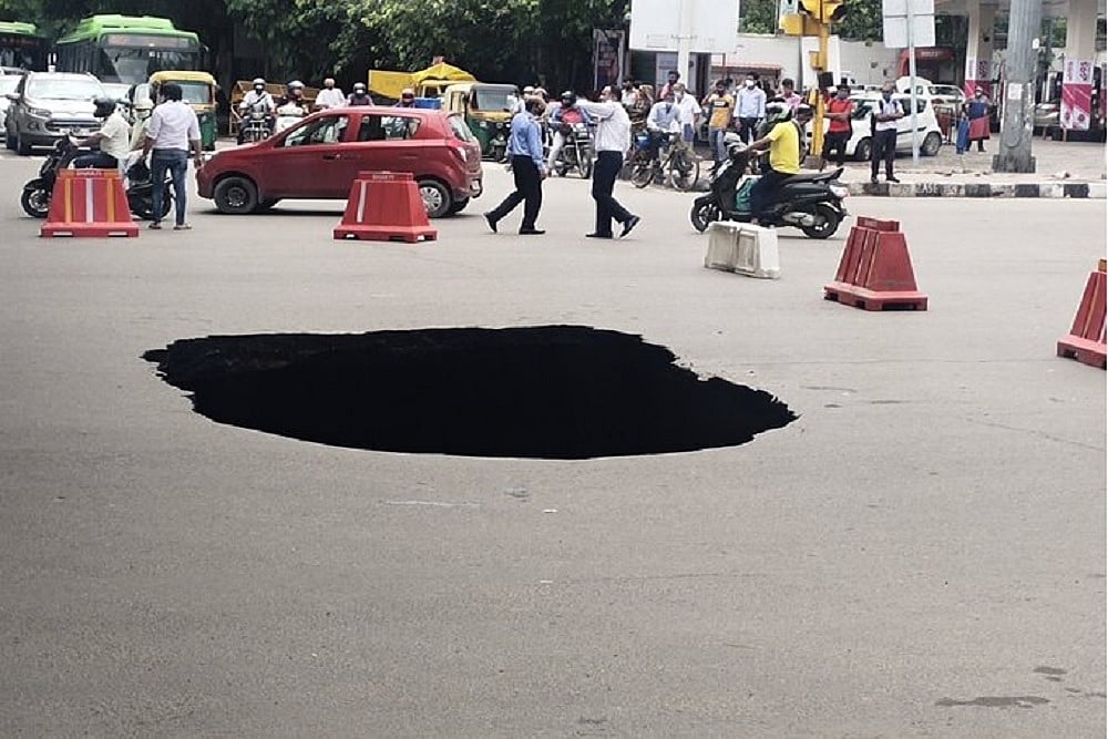 Delhi Road Under IIT Flyover Caves In Due To Heavy Rains