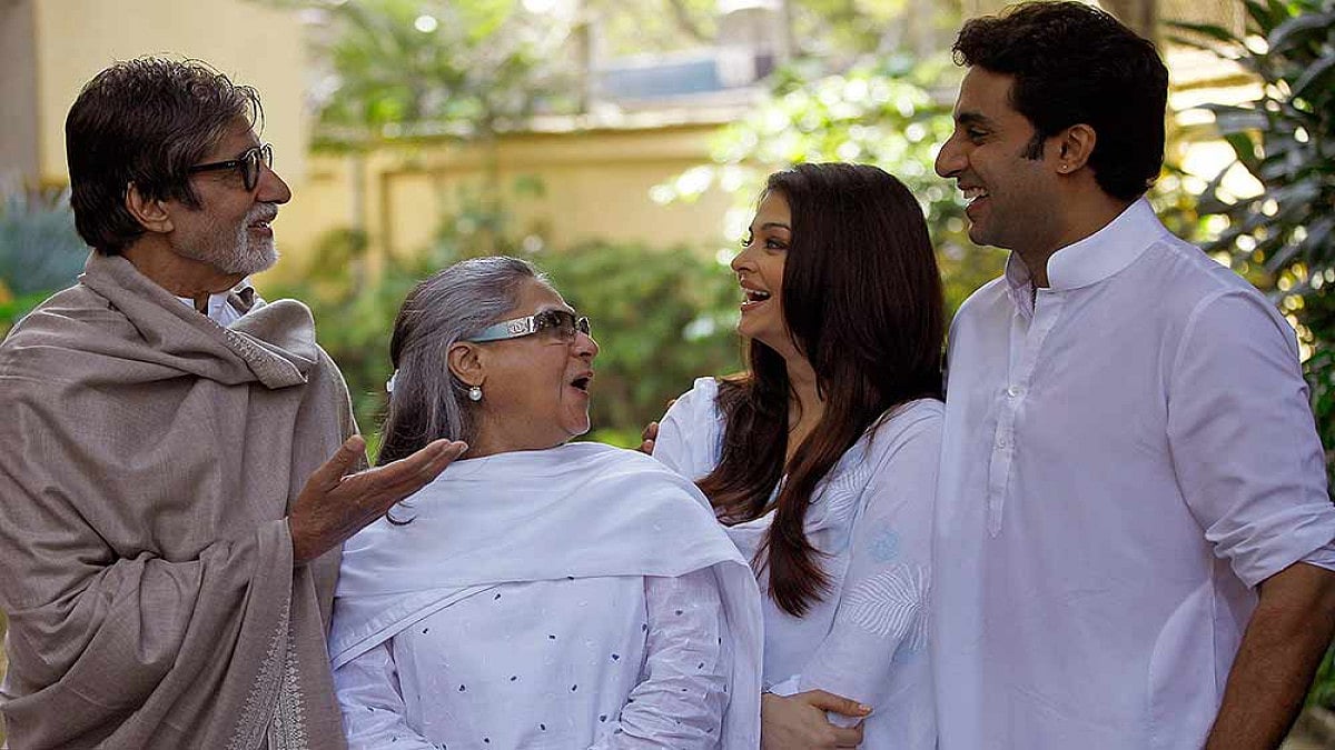 Bollywood star Amitabh Bachchan, left, along with his wife Jaya Bachchan, second left, daughter-in-law Aishwarya Rai-Bachchan and son Abhishek Bachchan