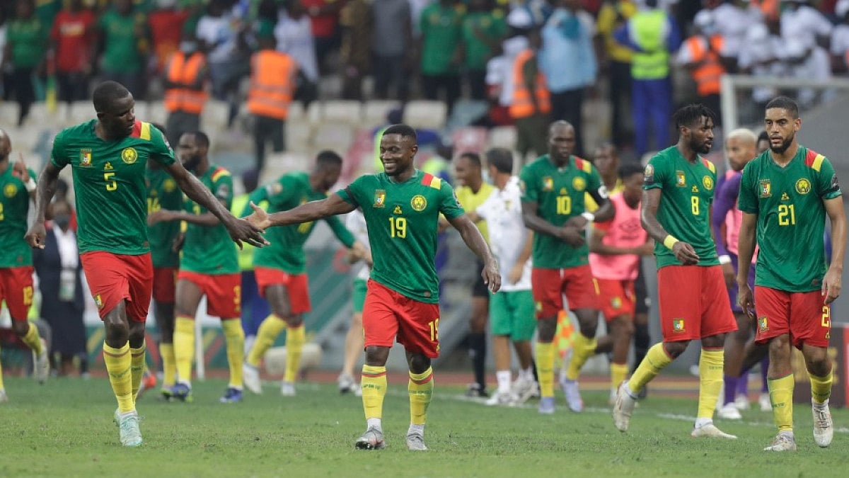 Cameroon's players celebrate a goal against Gambia in the African Cup of Nations 2021 quarterfinal.