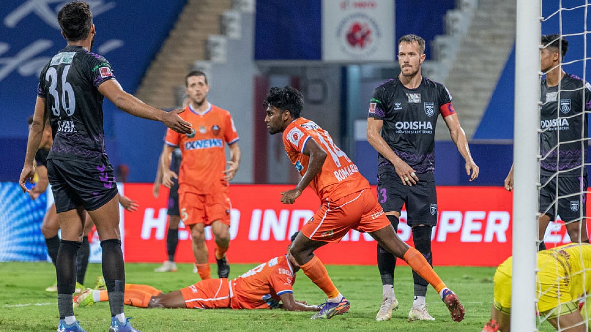 FC Goa's Romario, centre, celebrates after scoring a goal against Odisha FC.