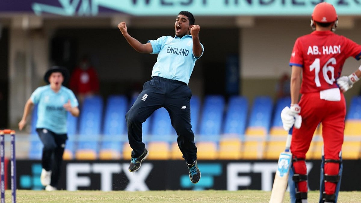 England's Rehan Ahmed is ecstatic after taking an Afghanistan wicket in ICC U-19 World Cup semis.