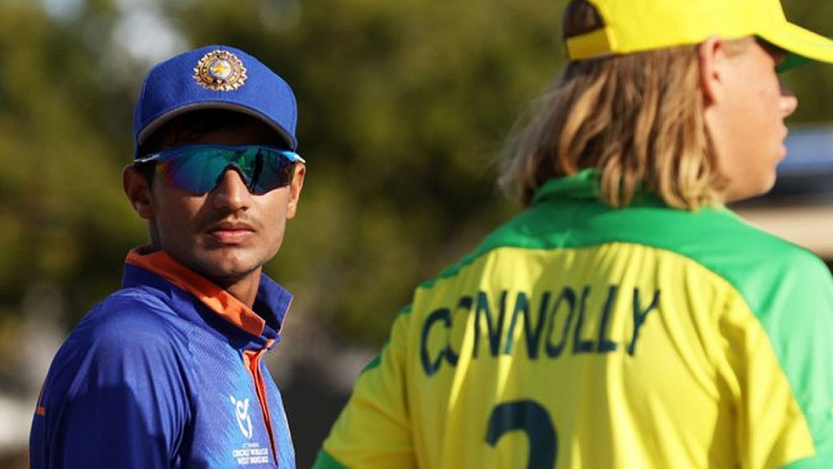Captains Yash Dhull of India U-19, left, and Cooper Connolly of Australia U-19 at the toss.