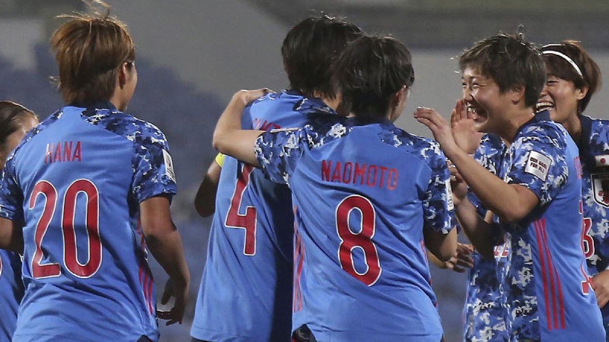Japan players celebrate a goal against Vietnam during their AFC Women's Asian Cup 2022 match.