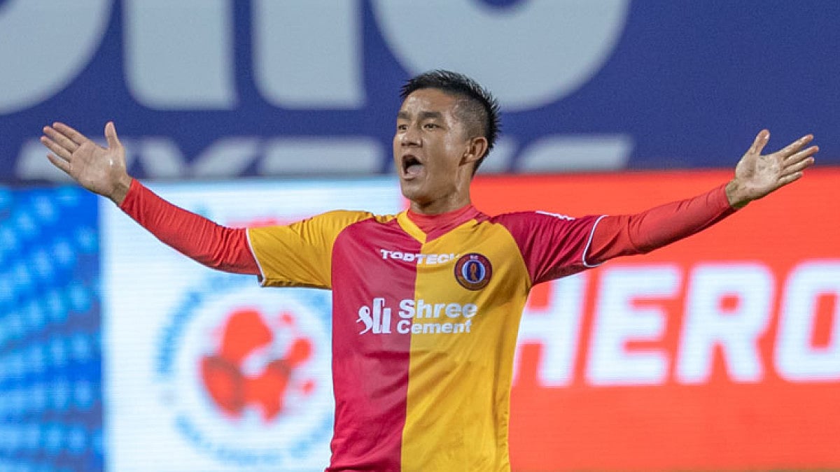 East Bengal's Lalrinliana Hnamte celebrates after scoring a goal against Chennaiyin FC.