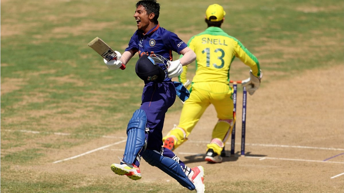 India's Yash Dhull celebrates after scoring century vs Australia in the ICC U-19 World Cup semis.