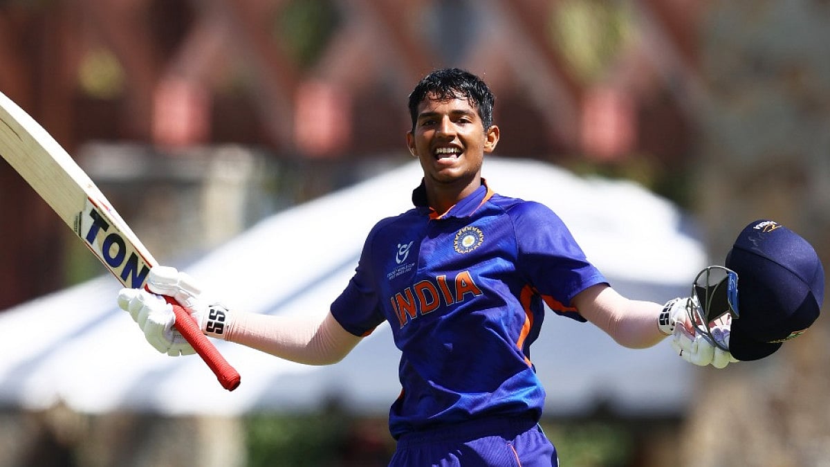 Yash Dhull celebrates his century against Australia in ICC Men's U-19 World Cup 2022 semifinal. 