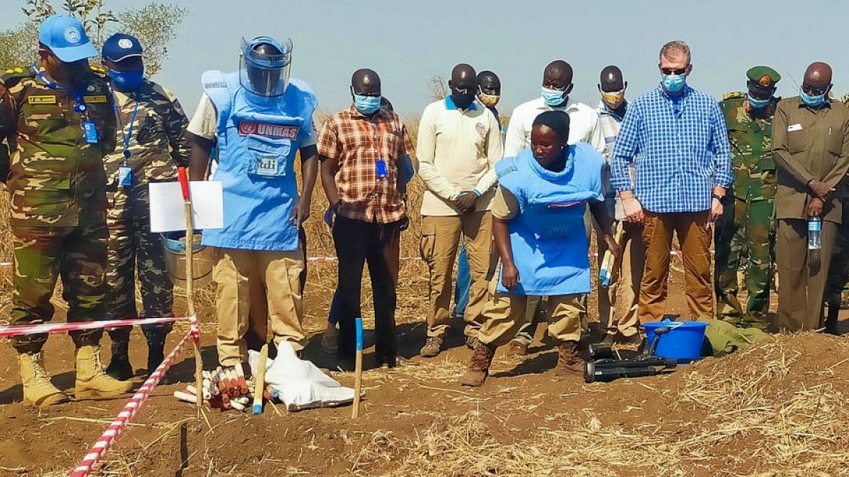 Members of the United Nations Mine Action Service detecting land mines South Sudan