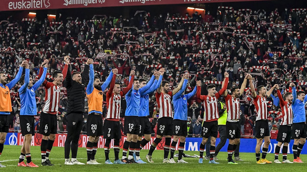 Athletic Bilbao players celebrate their victory over Real Madrid.