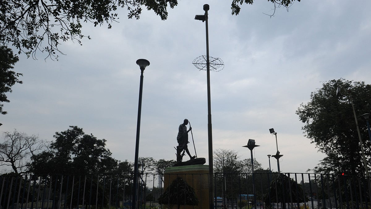 A statue of Mahatma Gandhi's Dandi march